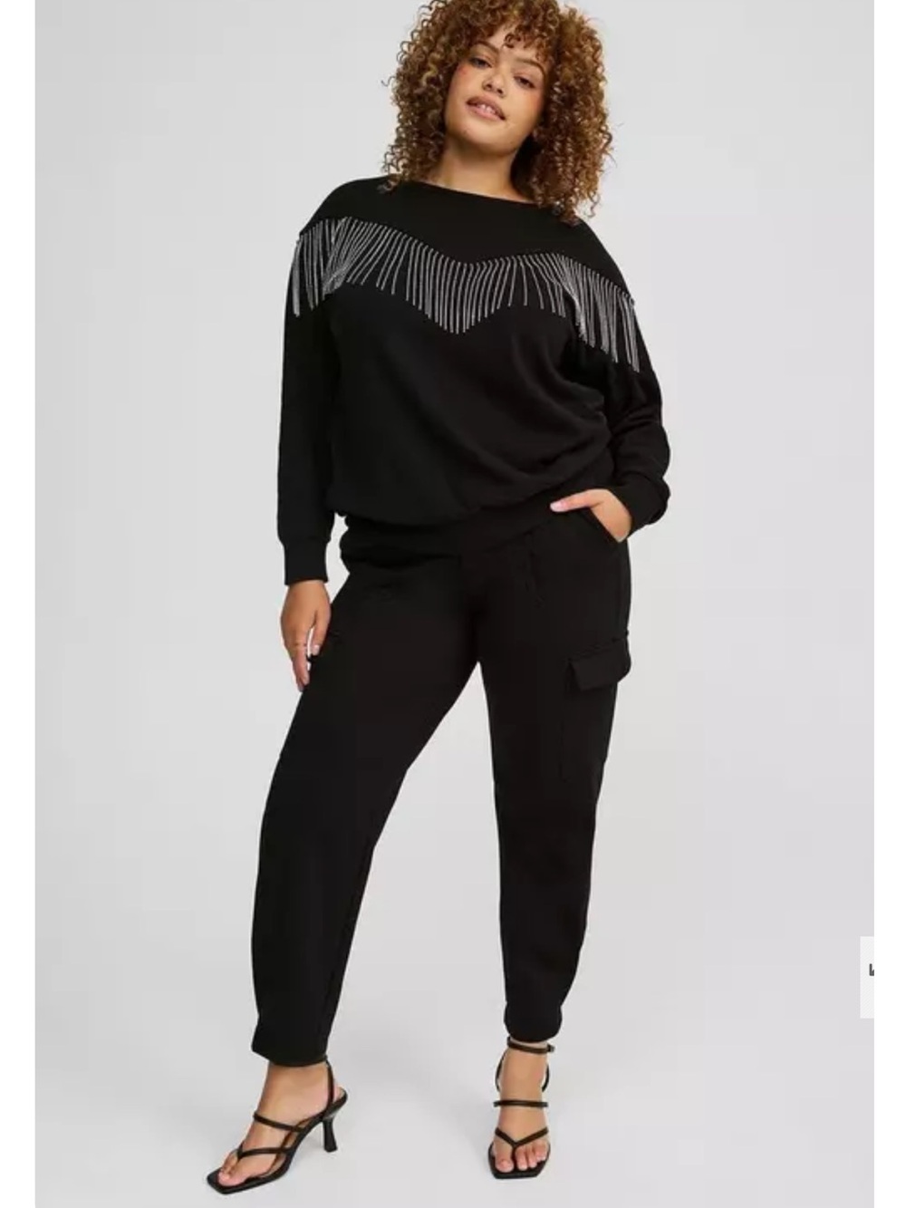 torrid Black Crewneck drop shoulder with Rhinestone Fringe Sweatshirt 0